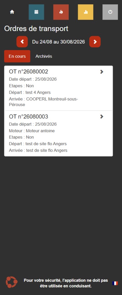 Application mobile conducteur Cargo-TMS, liste des ordres en cours